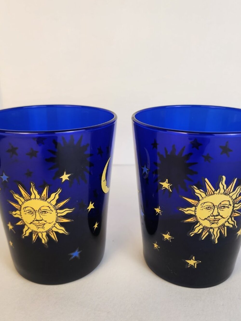 Vintage Libbey Celestial Cobalt Blue Glasses Set of 2 Sun Moon Stars Whimsigoth